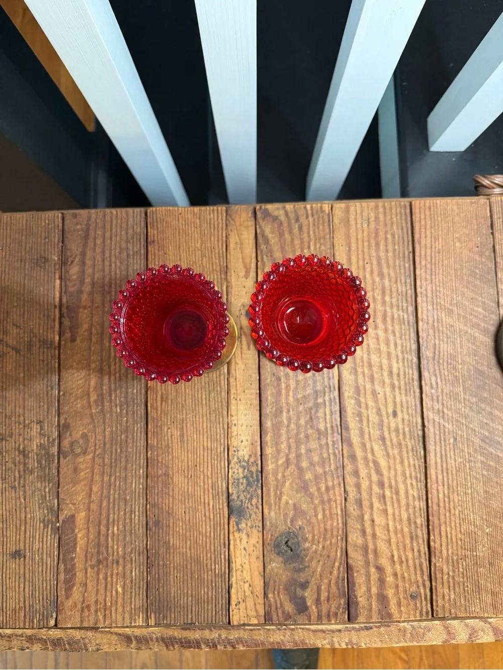 Pair of Vintage Gothic Farmhouse Red Hobnail Glass Candle Holders Brass Stems